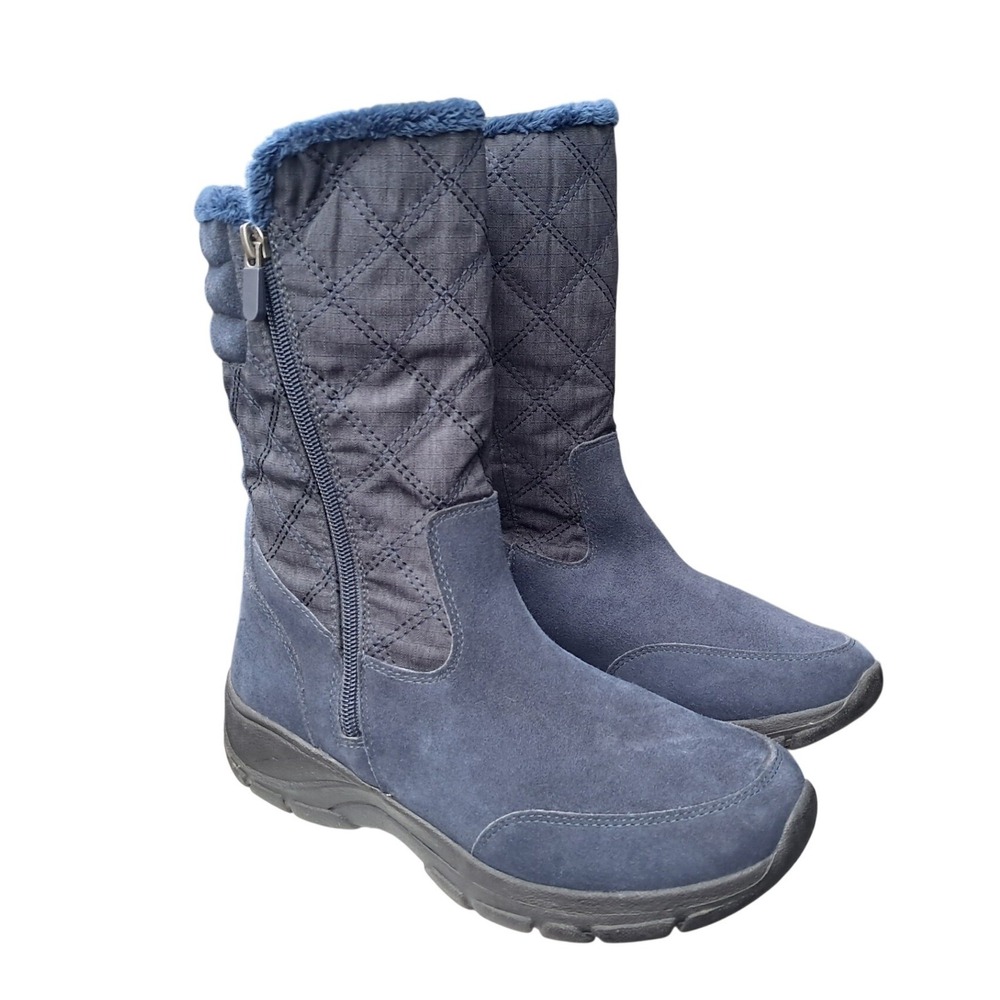 Lands End Womens Navy Blue Suede Quilted Faux Fur Winter Snow Boots 511630 8B